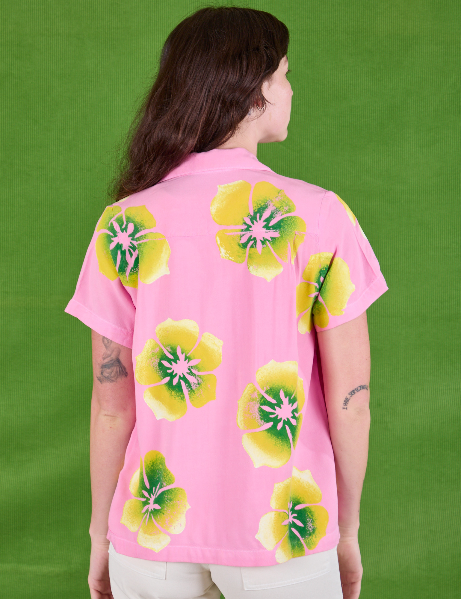 Paintstamped Pantry Button-Up in Bubblegum Pink back view on Alex