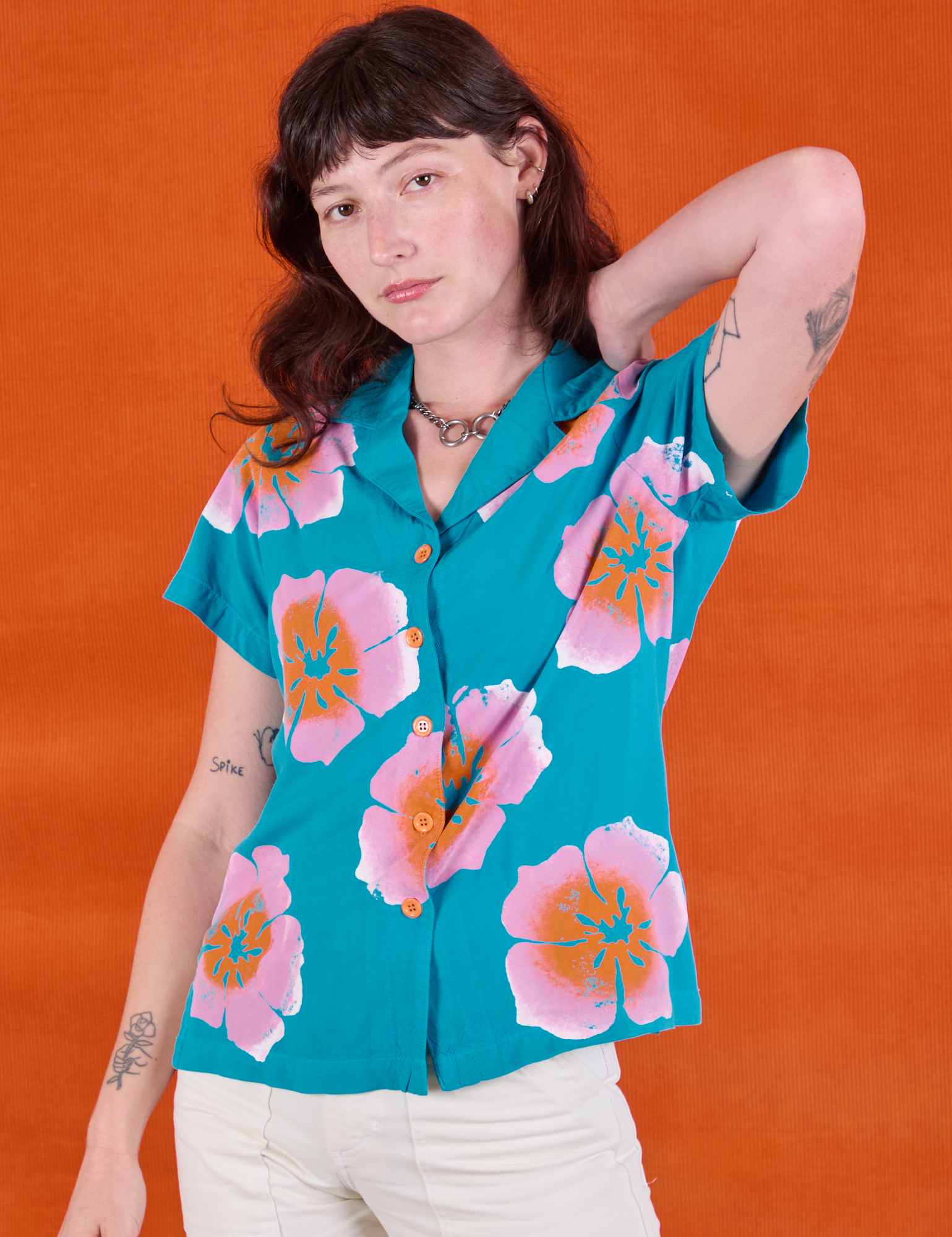 Paintstamped Pantry Button-Up in Hawaiian Blue worn by Alex