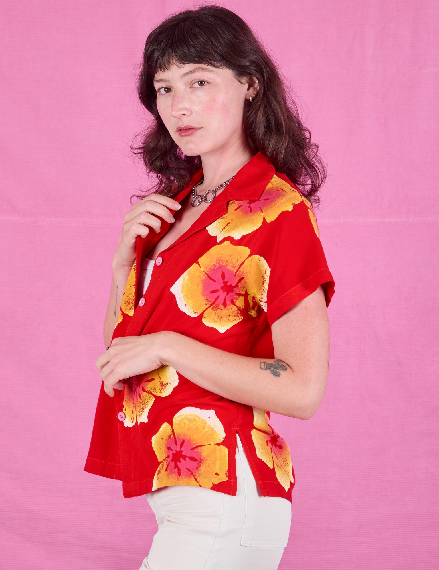 Paintstamped Pantry Button-Up in Mustang Red side view on Alex