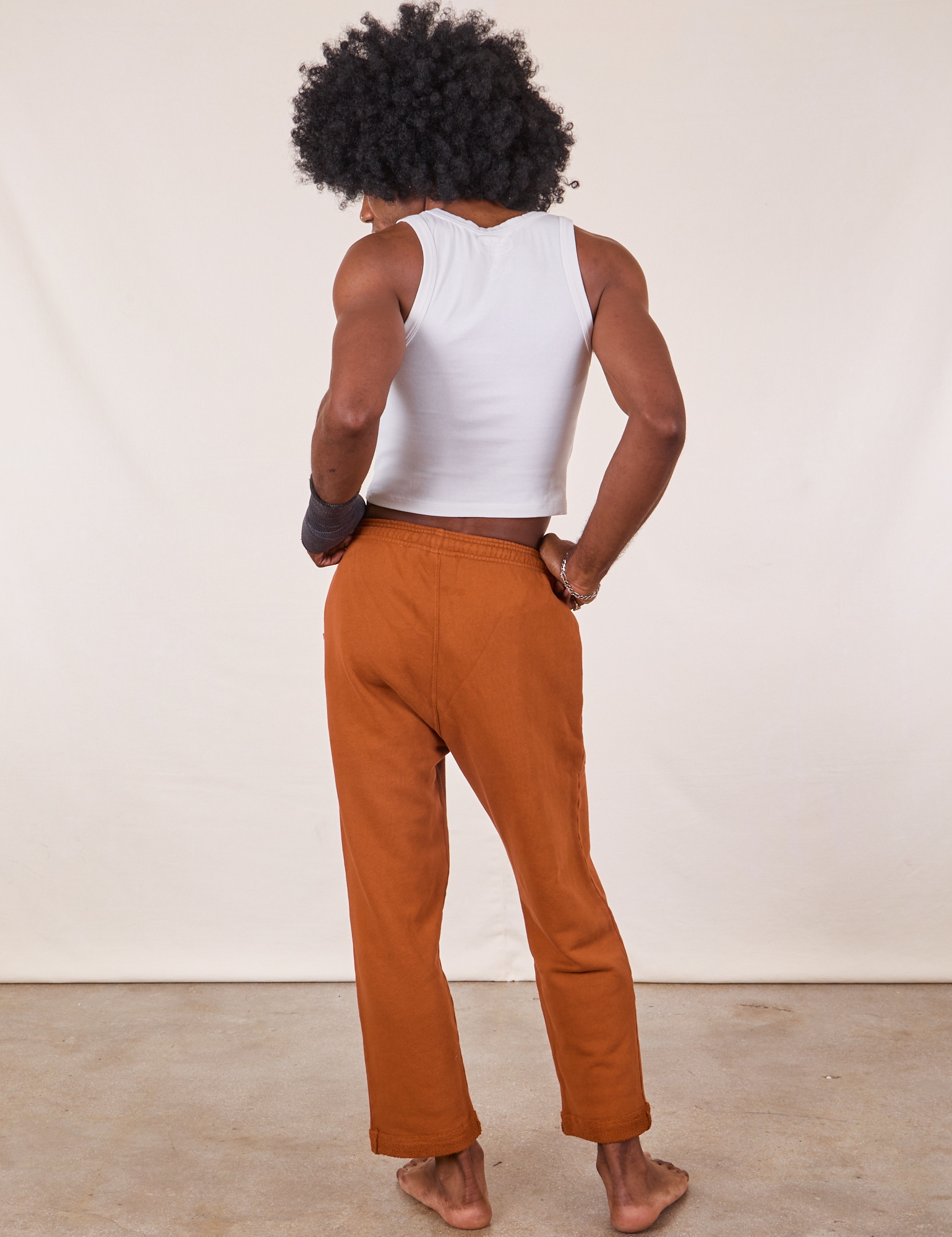 Back view of Cropped Rolled Cuff Sweatpants in Burnt Terracotta on Jerrod