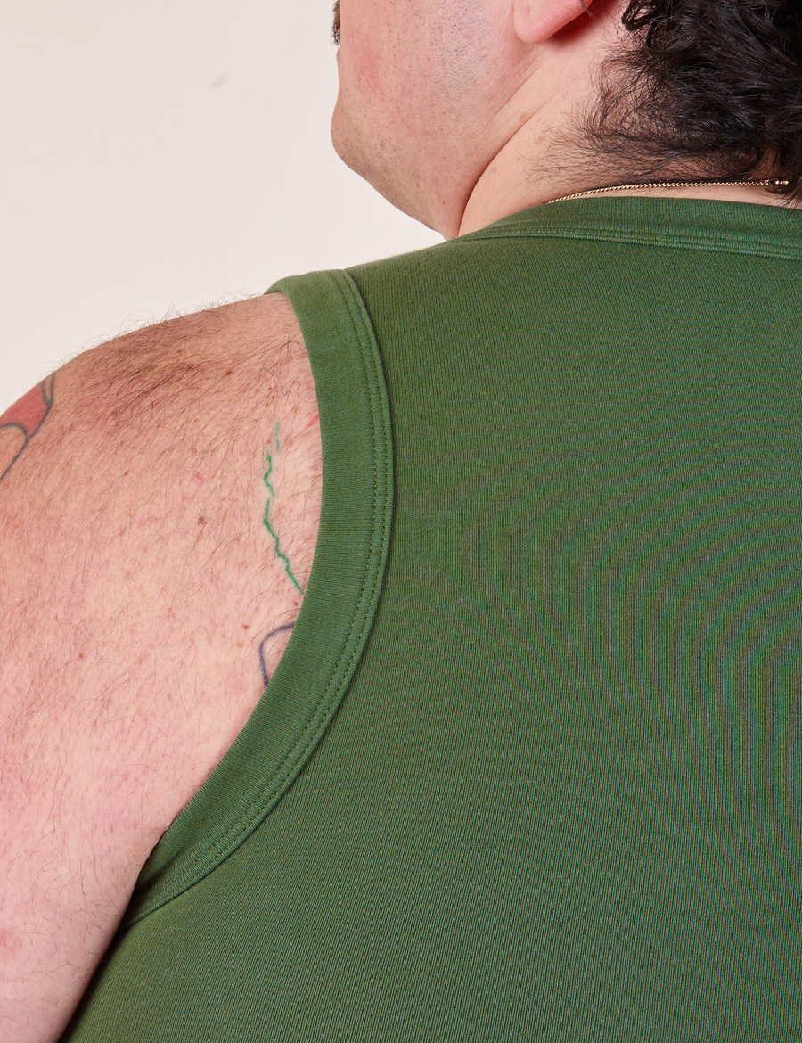 Tank Top in Dark Emerald Green close up of upper back view on Sam