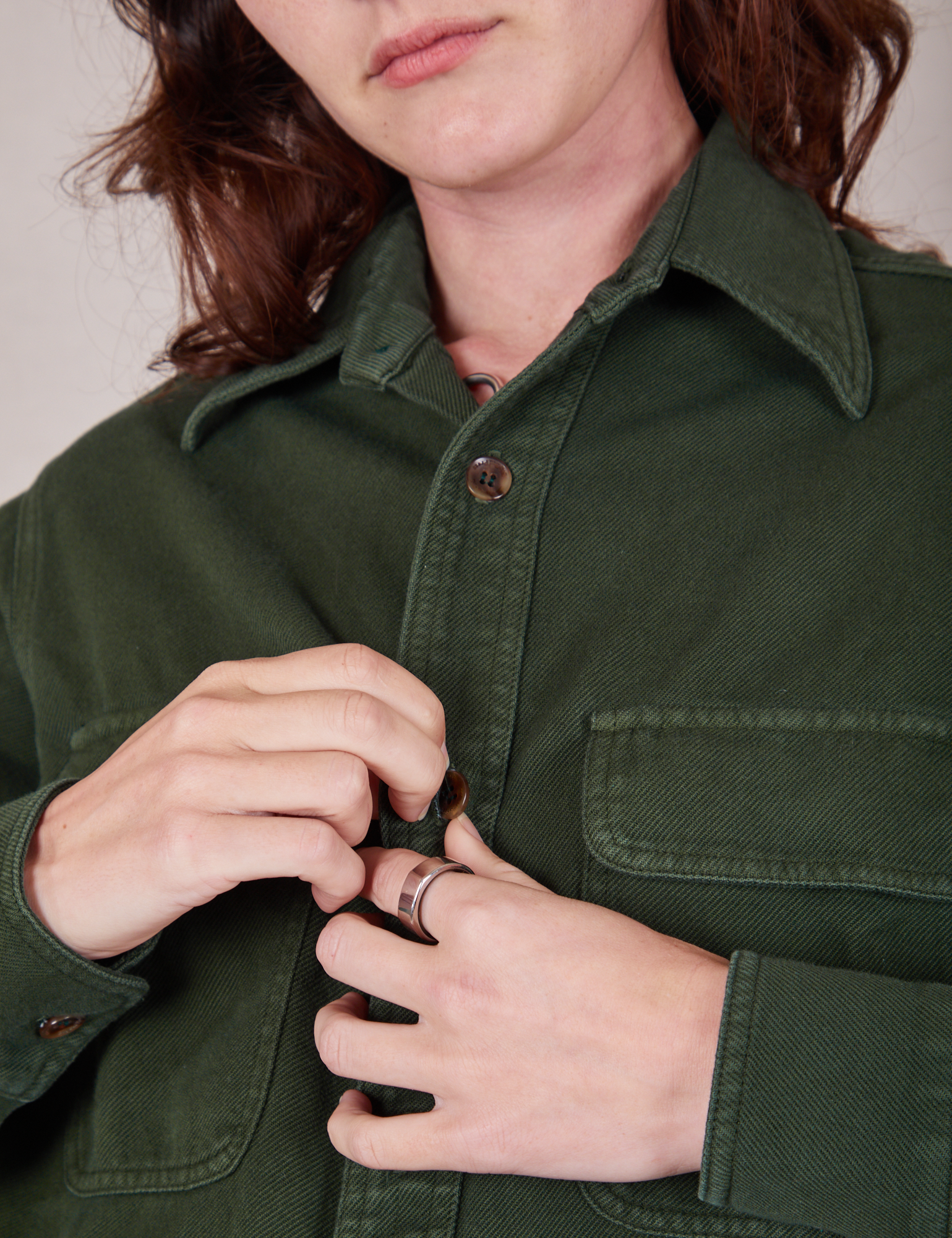Front close up of Flannel Overshirt in Swamp Green on Alex