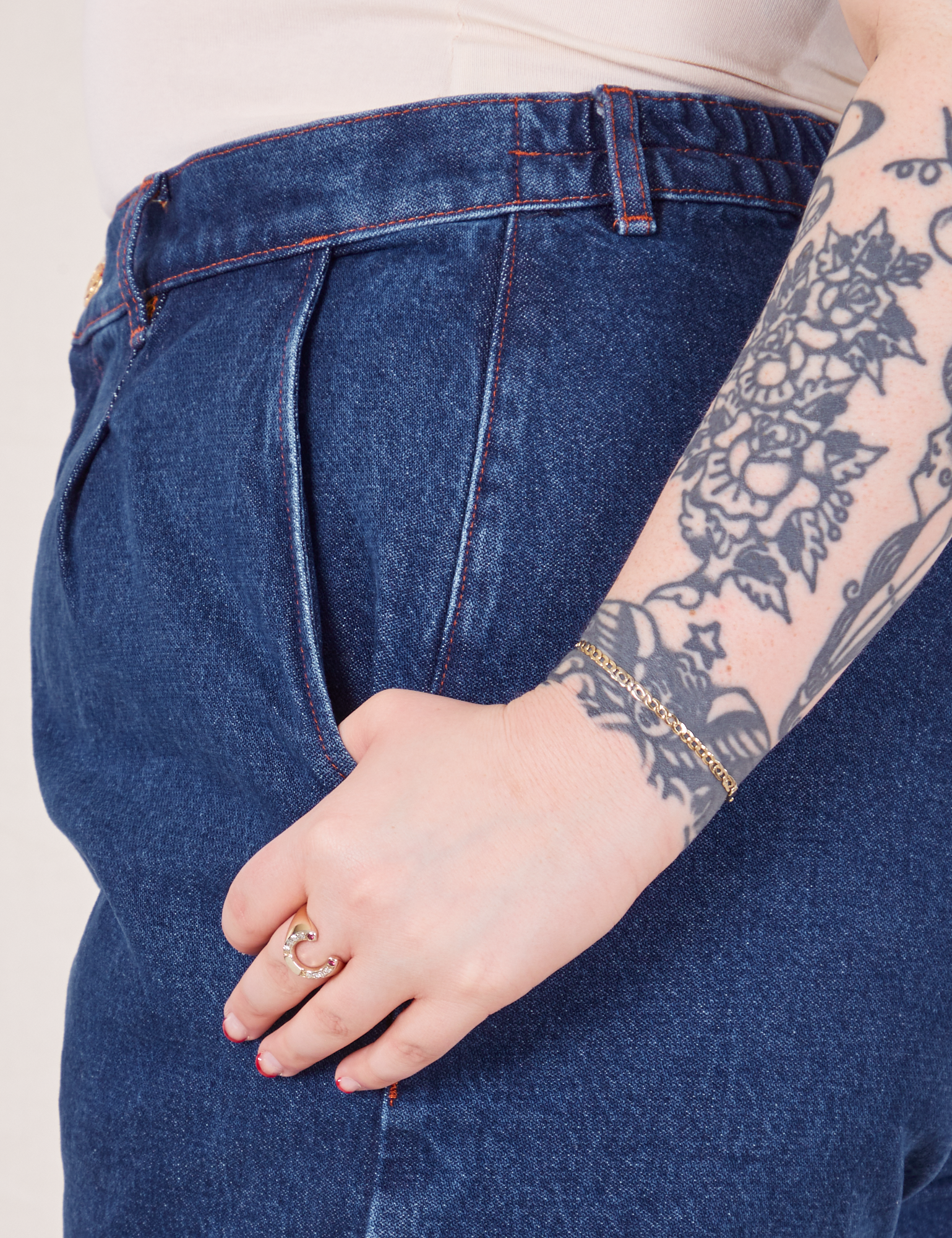 Side close up of Denim Trouser Jeans in Dark Wash worn on Sydney