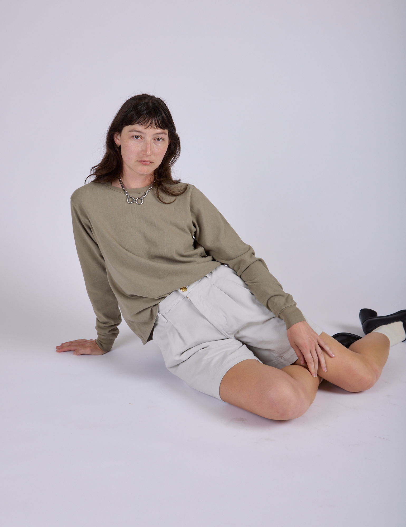 Pleated Trouser Shorts in Dishwater White and Long Sleeve Burly Tee in Khaki Grey