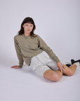 Pleated Trouser Shorts in Dishwater White and Long Sleeve Burly Tee in Khaki Grey