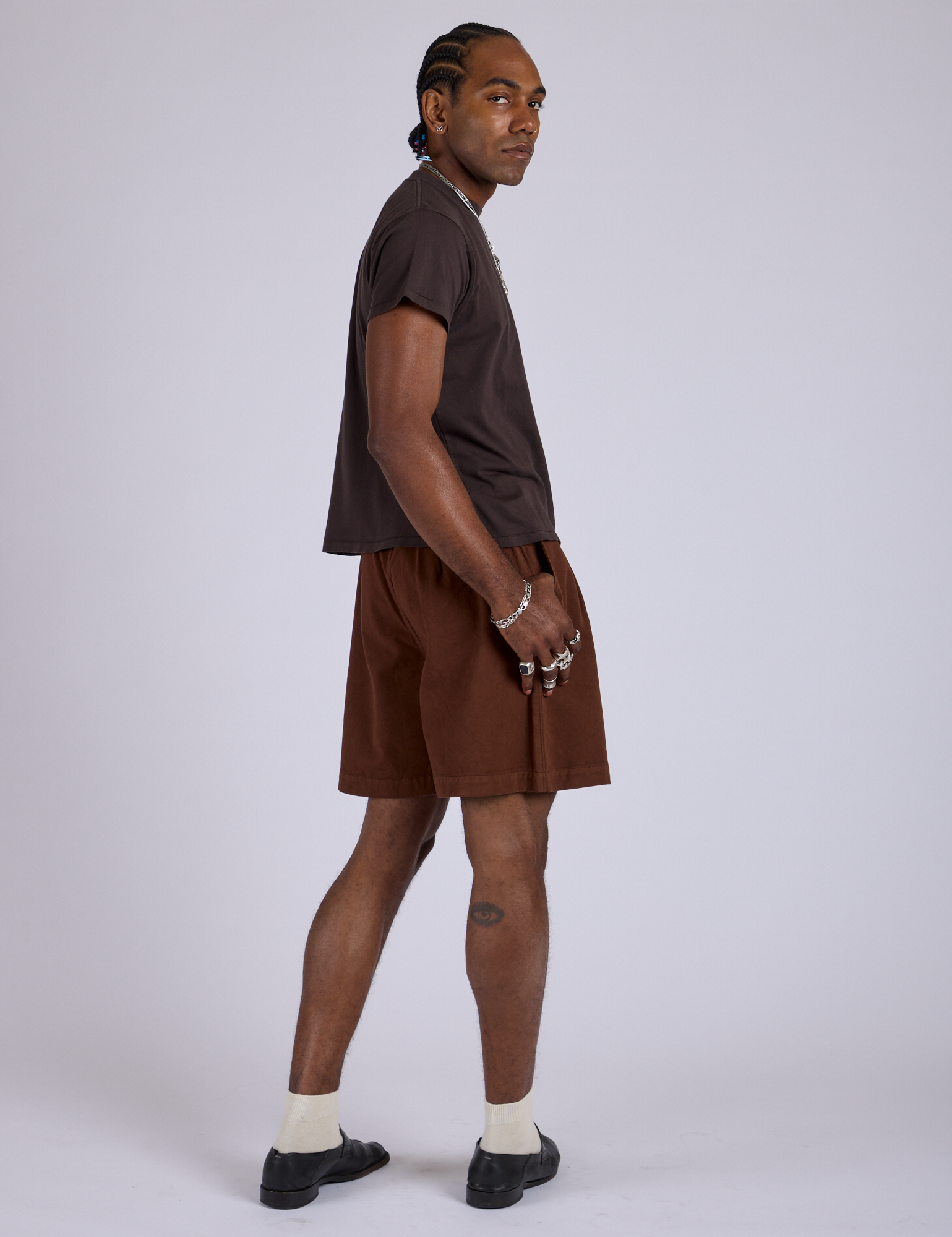 Pleated Trouser Shorts in Fudgesicle Brown angled back view of Pleated Trouser Shorts in Fudgesicle Brown