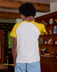 Short Sleeve Raglan Tee in Mushrooms back view on Jerrod