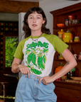 Alex is wearing Short Sleeve Raglan Tee in Snap Peas