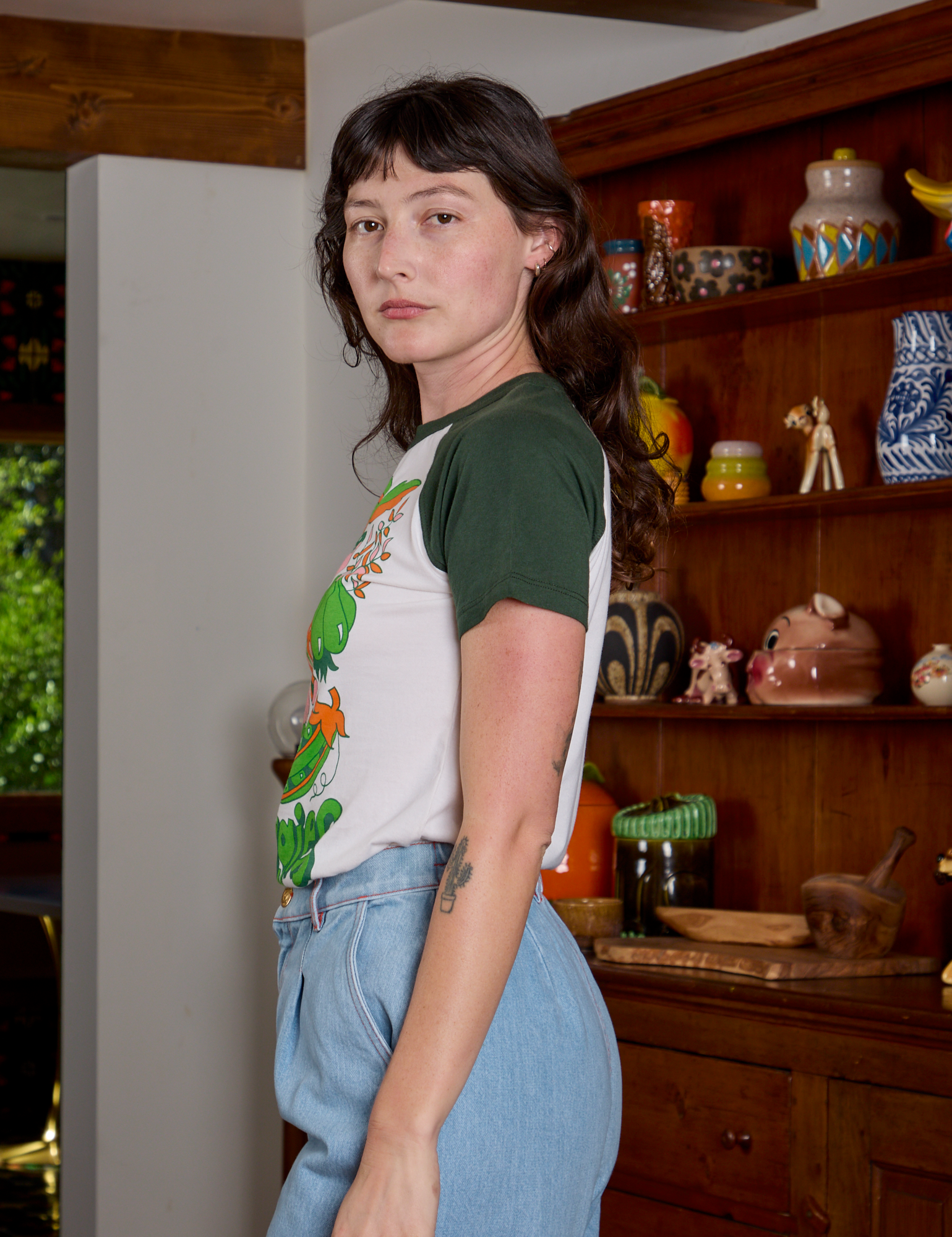 Short Sleeve Raglan Tee in Veggies side view on Alex