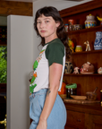 Short Sleeve Raglan Tee in Veggies side view on Alex