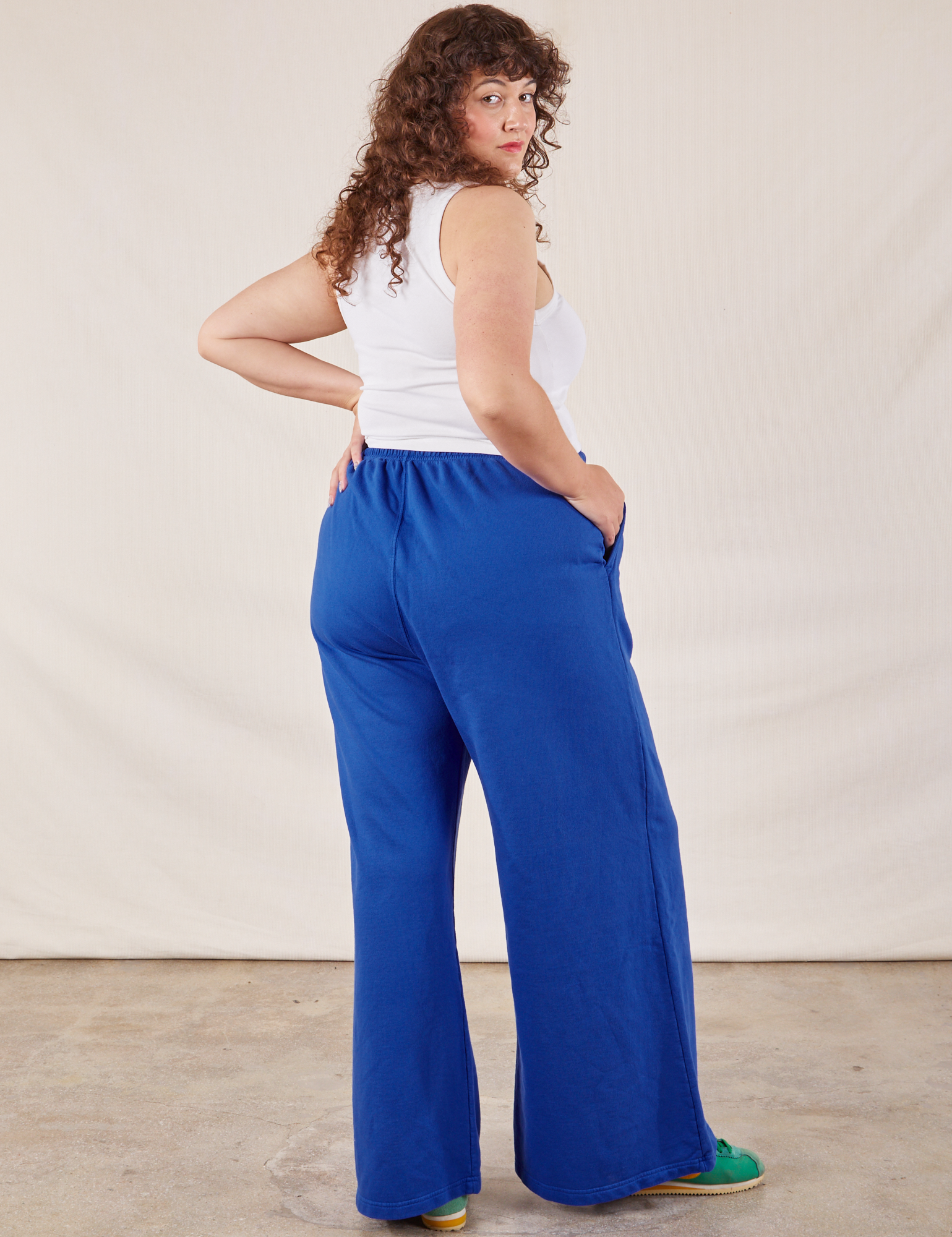 Wide Leg Sweat Pants in Royal Blue back view on Ryan