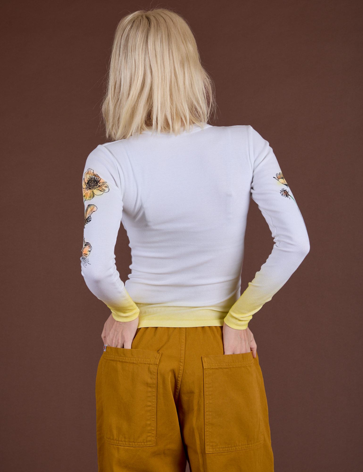 Floral Long Sleeve Baby Tee in Yellow back view on Madeline