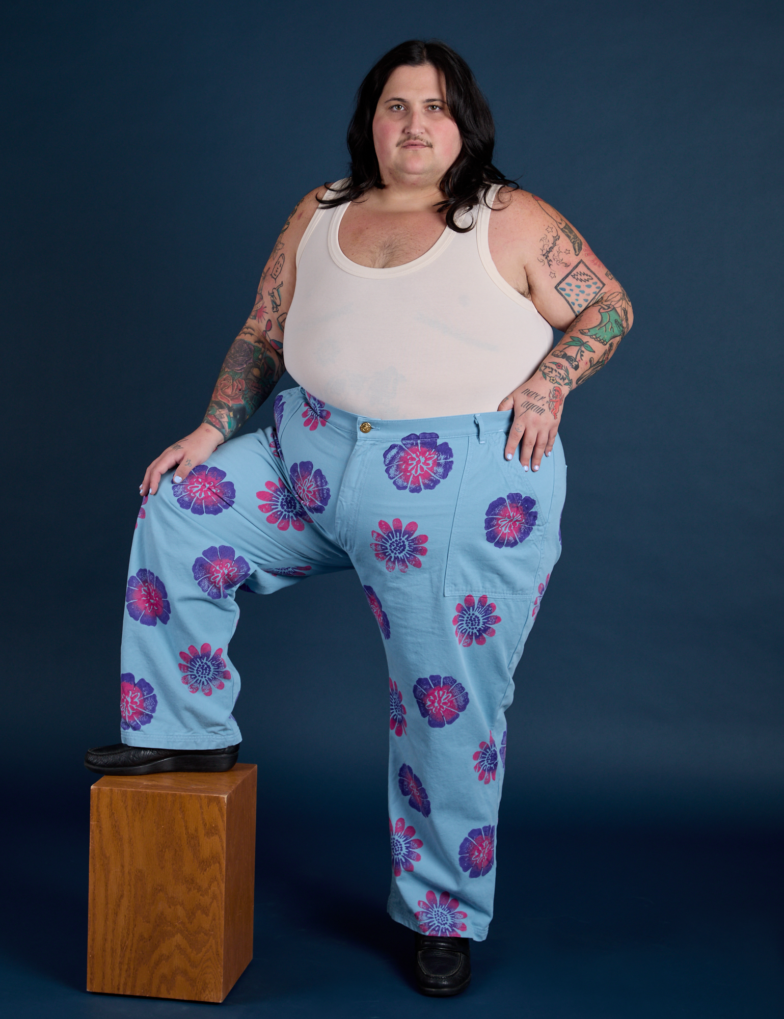 Floral Painted Work Pants in Blue and Tank Top in Vintage Tee Off-White on Sam