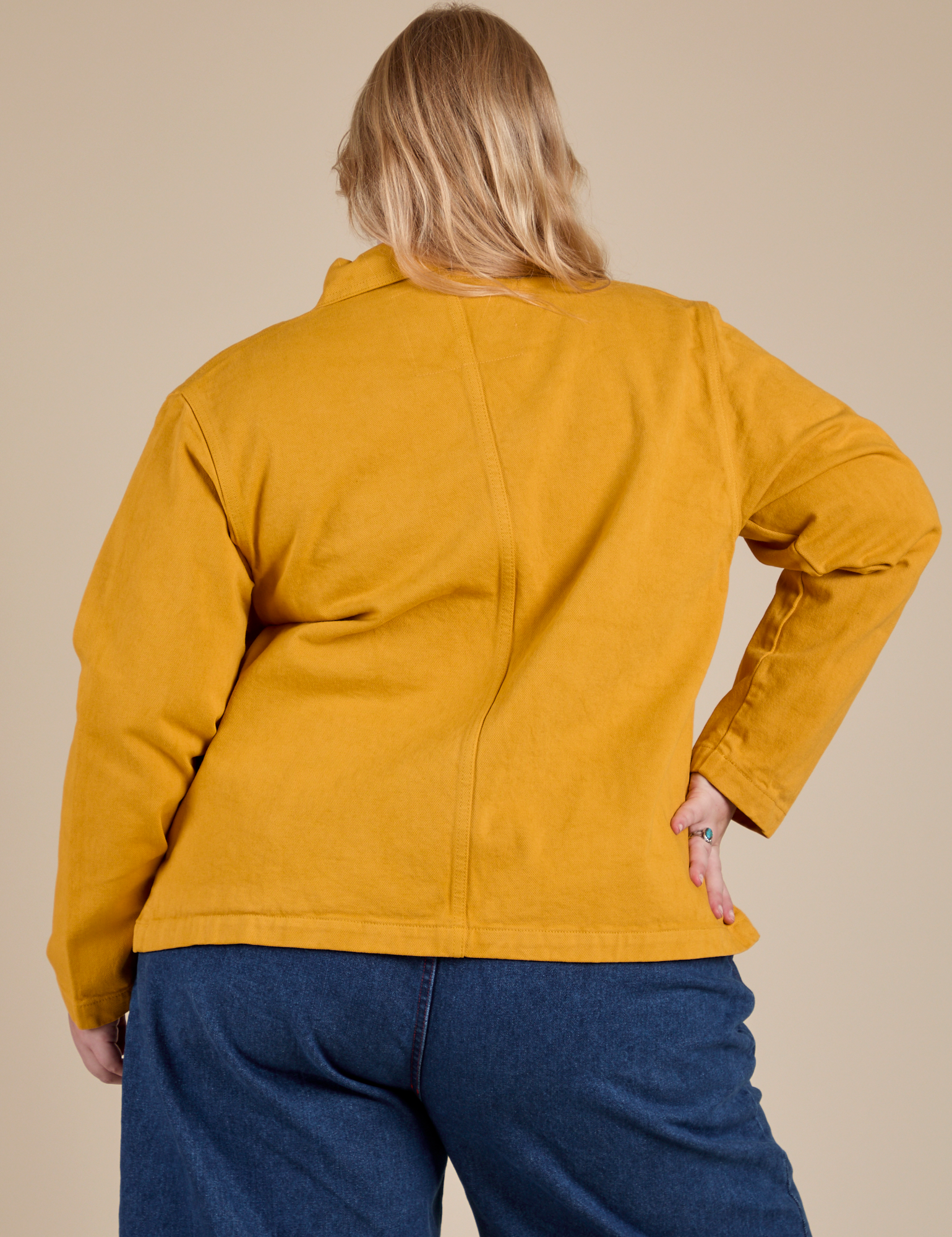 Denim Work Jacket in Mustard Yellow back view on Juliet