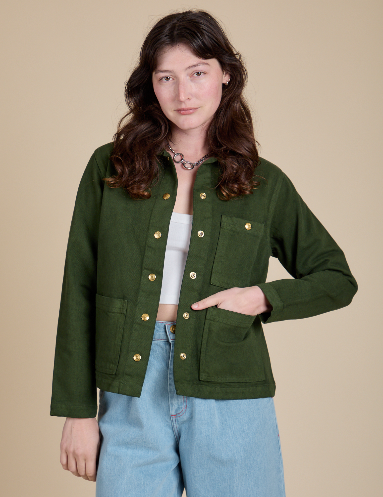 Denim Work Jacket in Evergreen worn by Alex