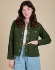Denim Work Jacket in Evergreen worn by Alex