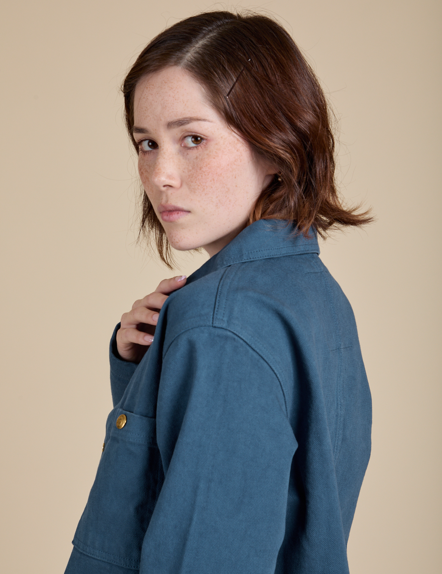 Side shoulder close up of Denim Work Jacket in French Blue on Hana