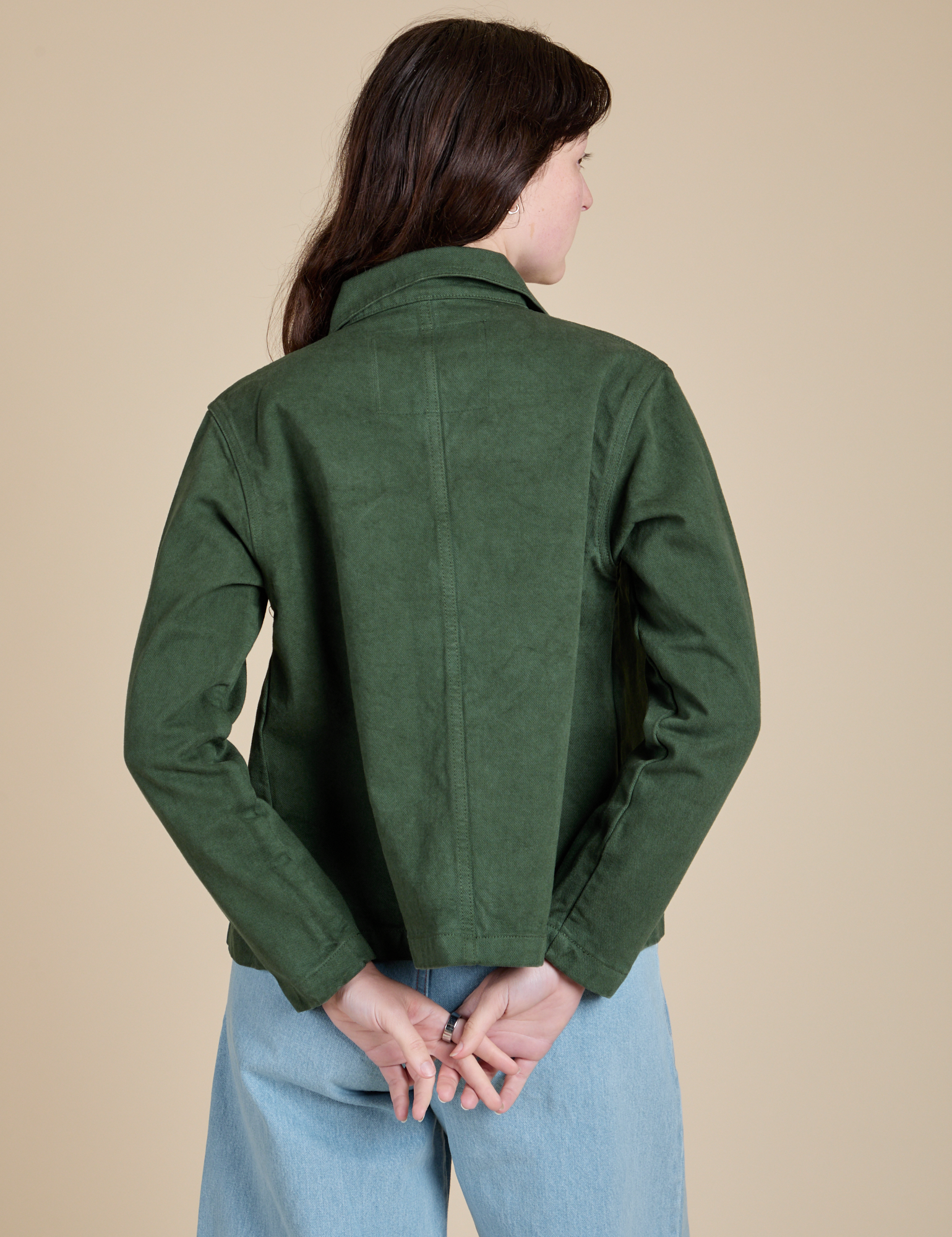 Denim Work Jacket in Swamp Green back view on Alex