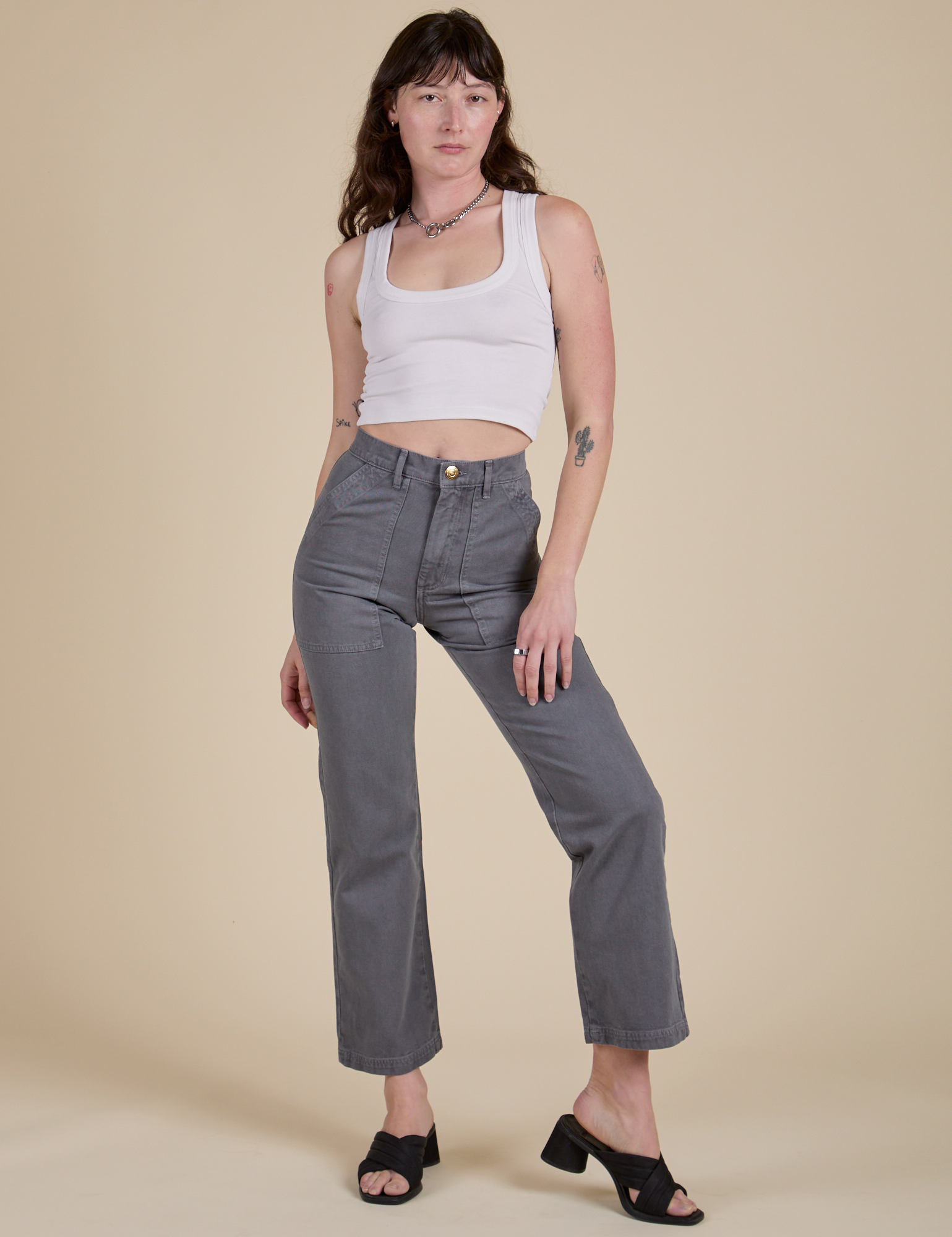 Alex is 5’8” and wearing XS Work Pants in Washed Grey