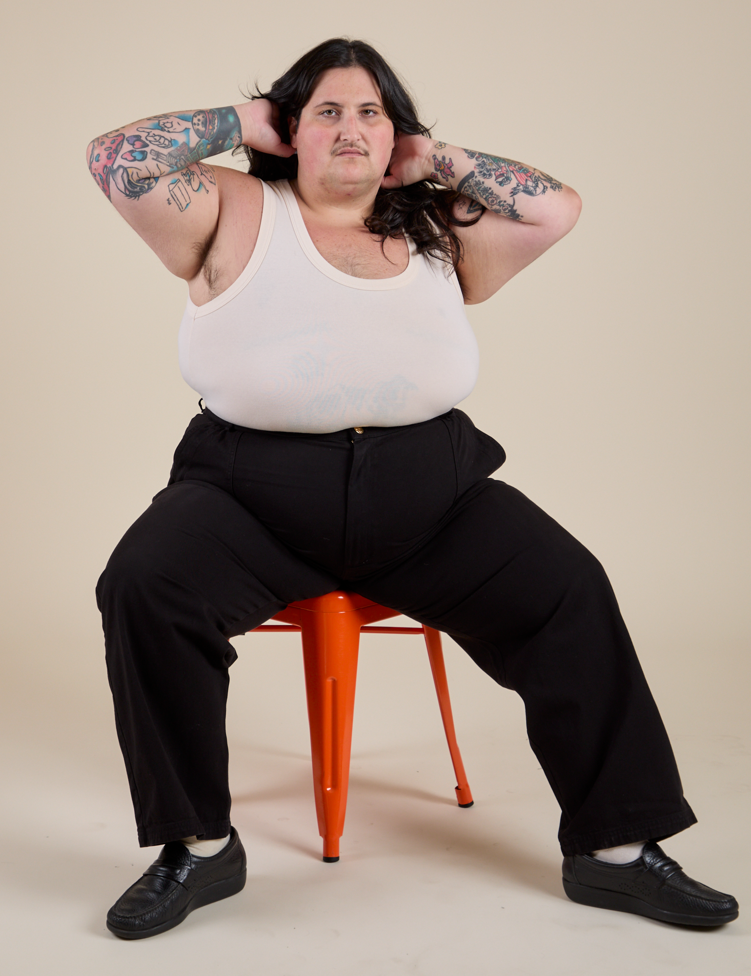 Work Pants in Basic Black and Tank Top in Vintage Tee Off-White on Sam