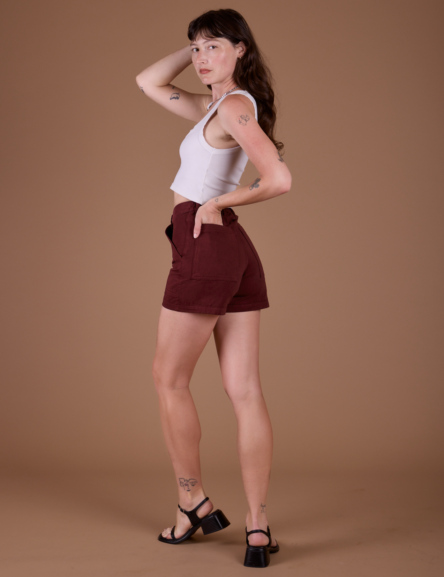 Classic Work Shorts in Red Wine angled back view on Alex