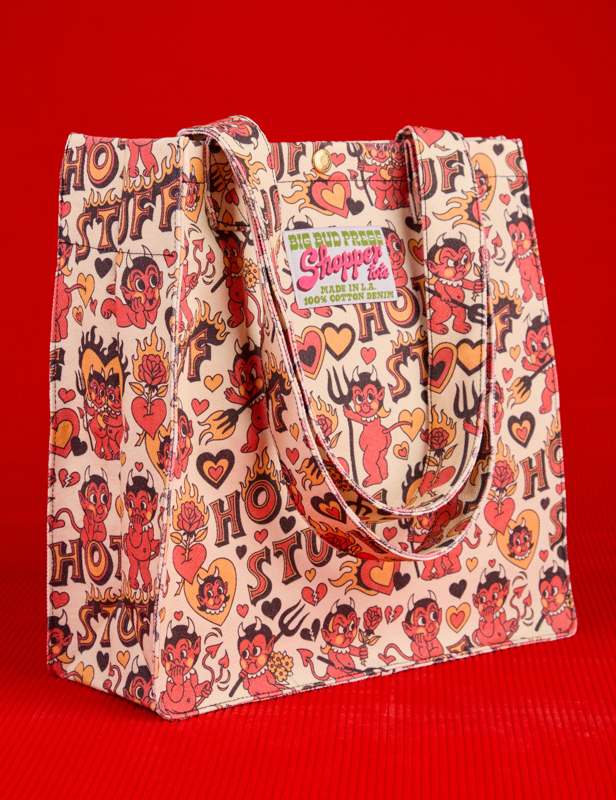 Angled front view of Hot Stuff Printed Shopper Tote