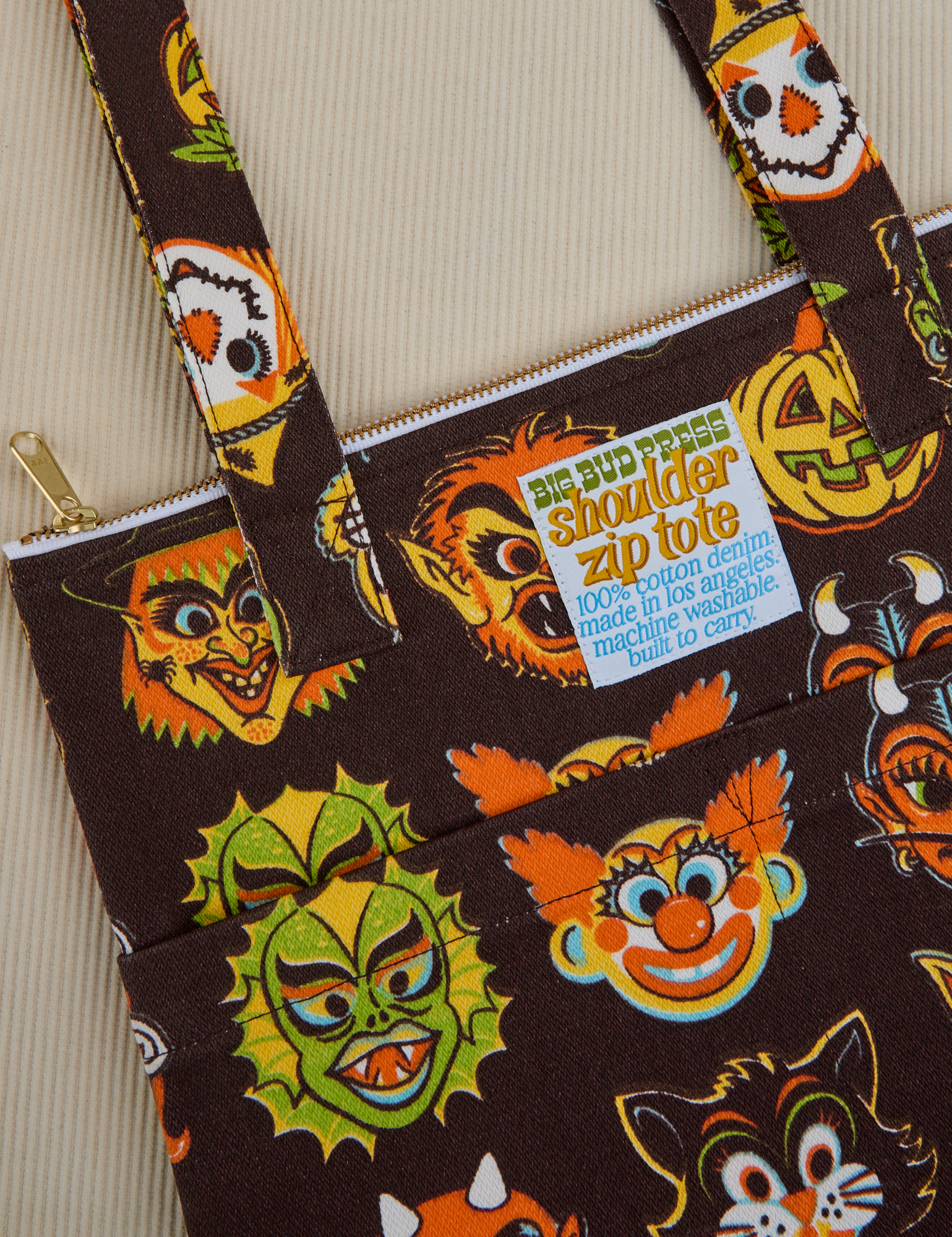 Halloween Masks Shoulder Zip Tote close up