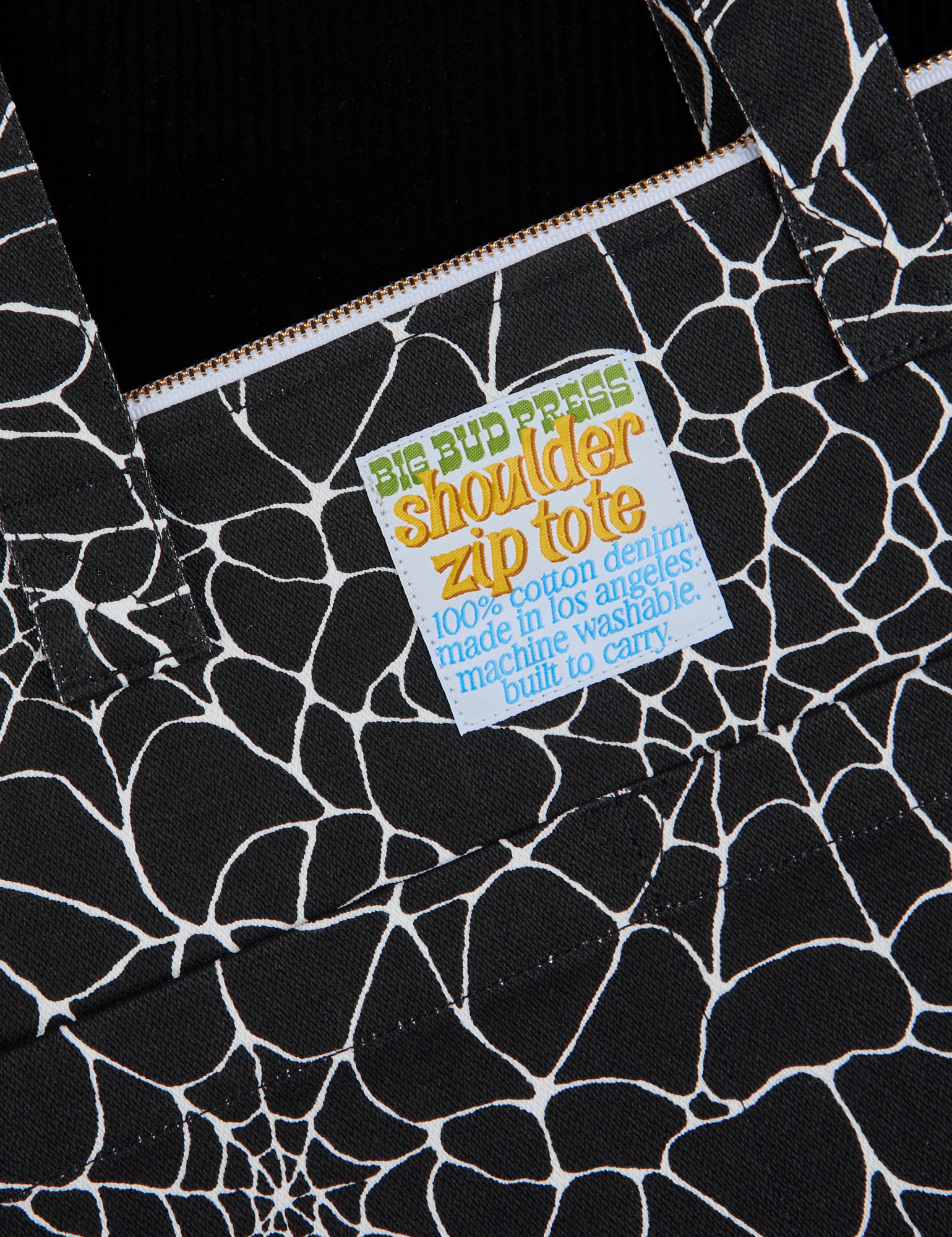 Spider Webs Printed Shoulder Zip Tote close up