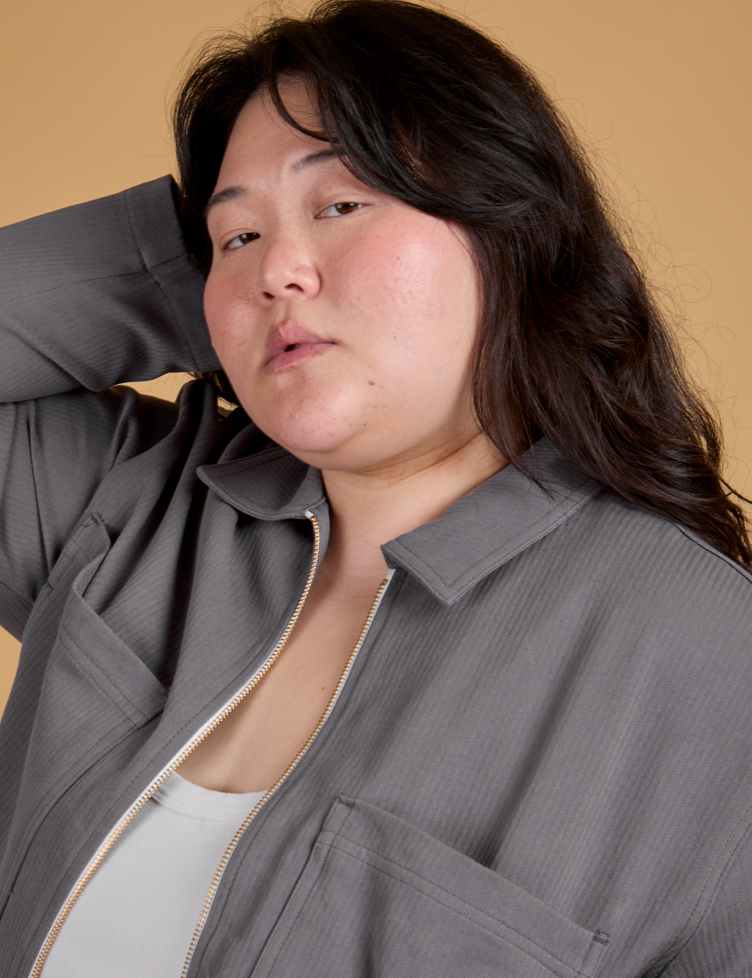 Heritage Mechanic Jacket in Washed Grey close up on Ashley