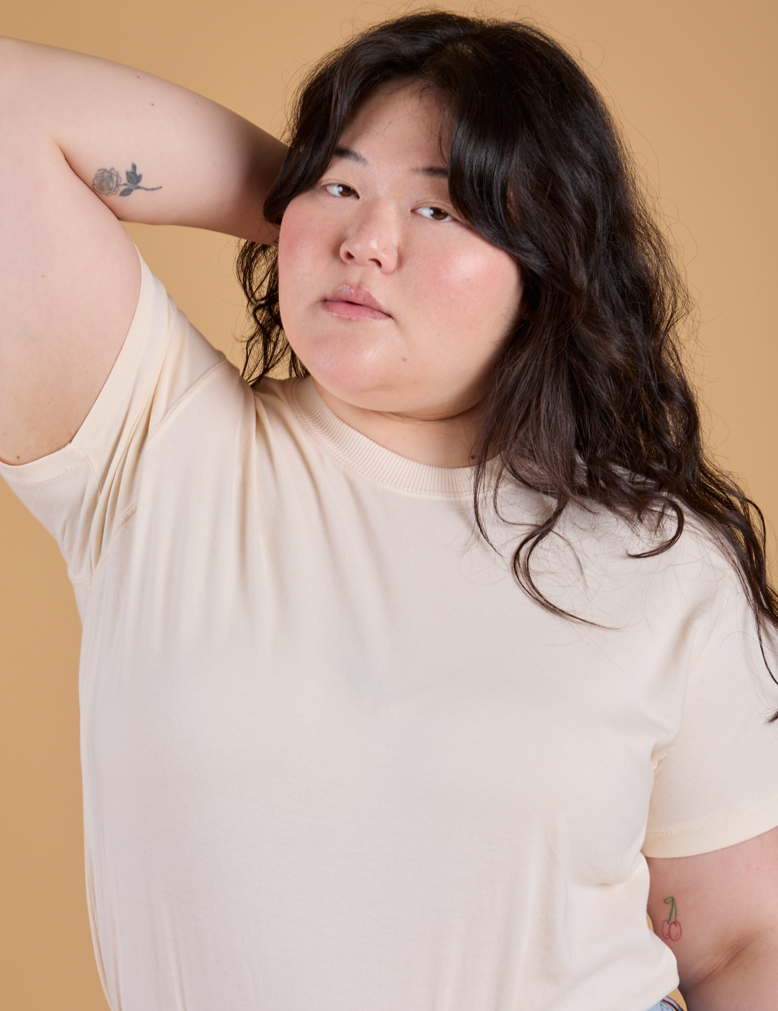 Close up of Organic Vintage Tee in Vintage Off White on Ashley