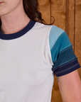 Calypso Tee in Ocean font close up on Alex