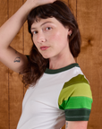 Calypso Tee in Forest side close up on Alex