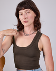 Alex is 5'8" and wearing P Cropped Tank Top in Espresso Brown