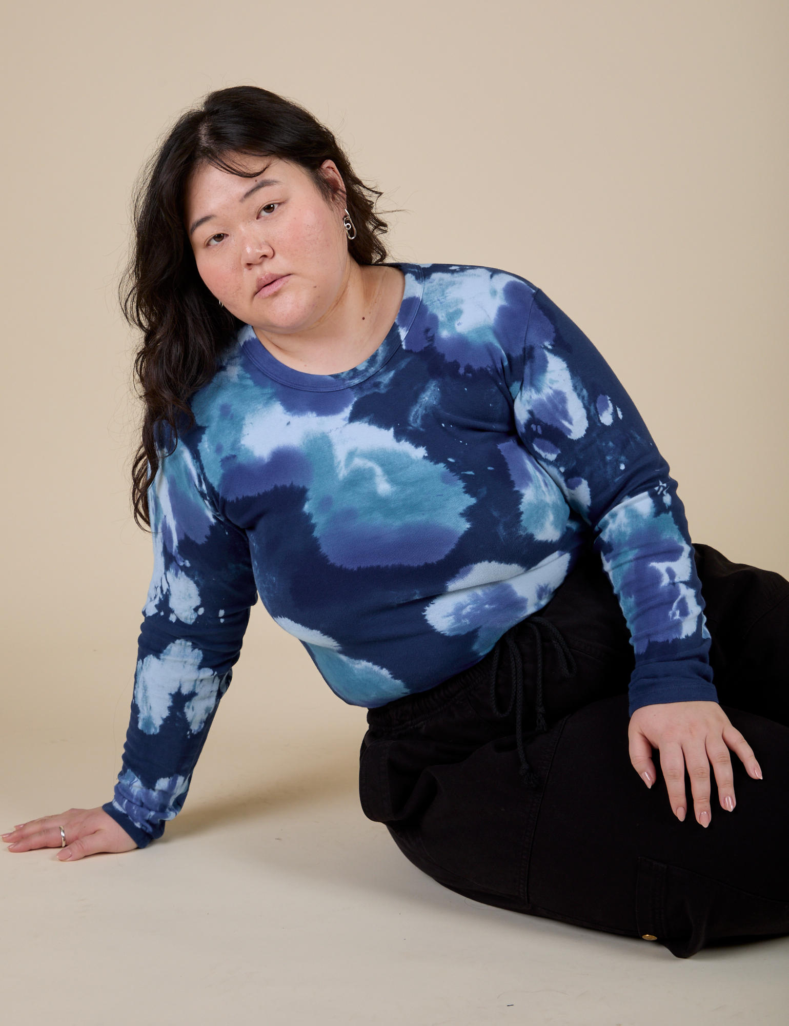 Long Sleeve Baby Tee in Blue Magic Waters worn by Ashley