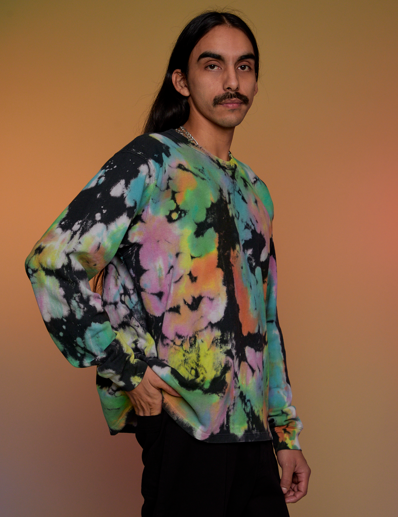 Magic Waters Long Sleeve Burly Tee in Rainbow angled front view on Anthony
