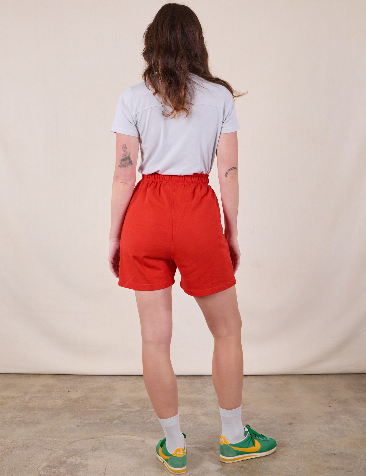 Sweat Shorts in Mustang Red back view on Alex