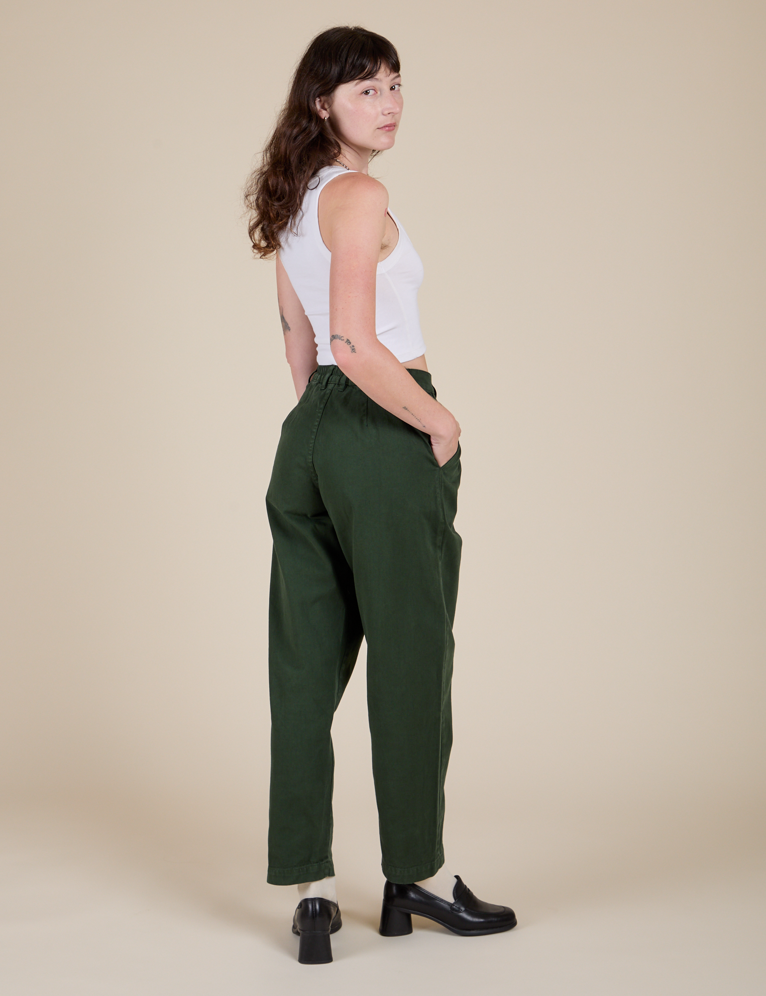 Angled back view of Heavyweight Trousers in Swamp Green on Alex