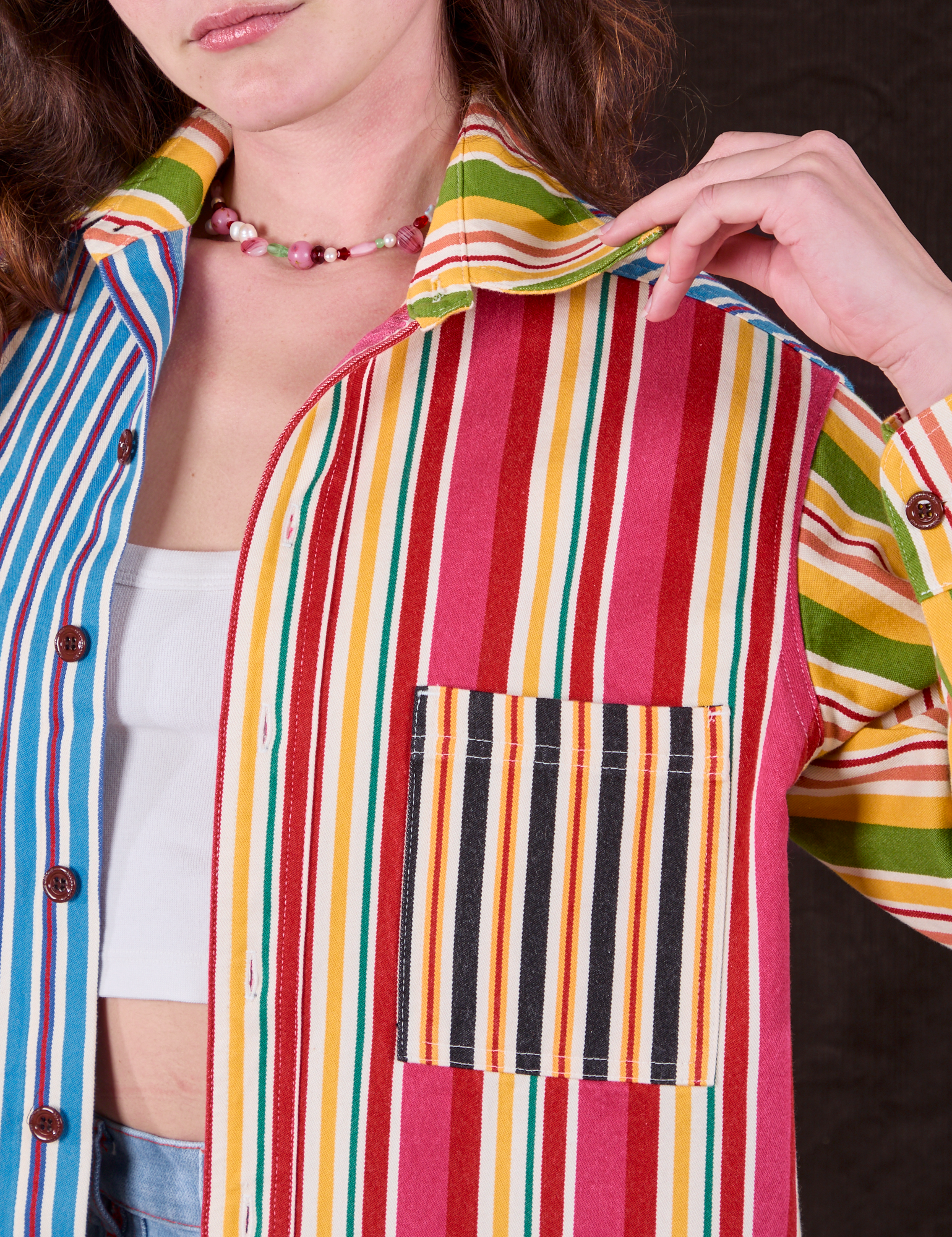 Cropped Overshirt in Mixed Stripe front close up on Alex