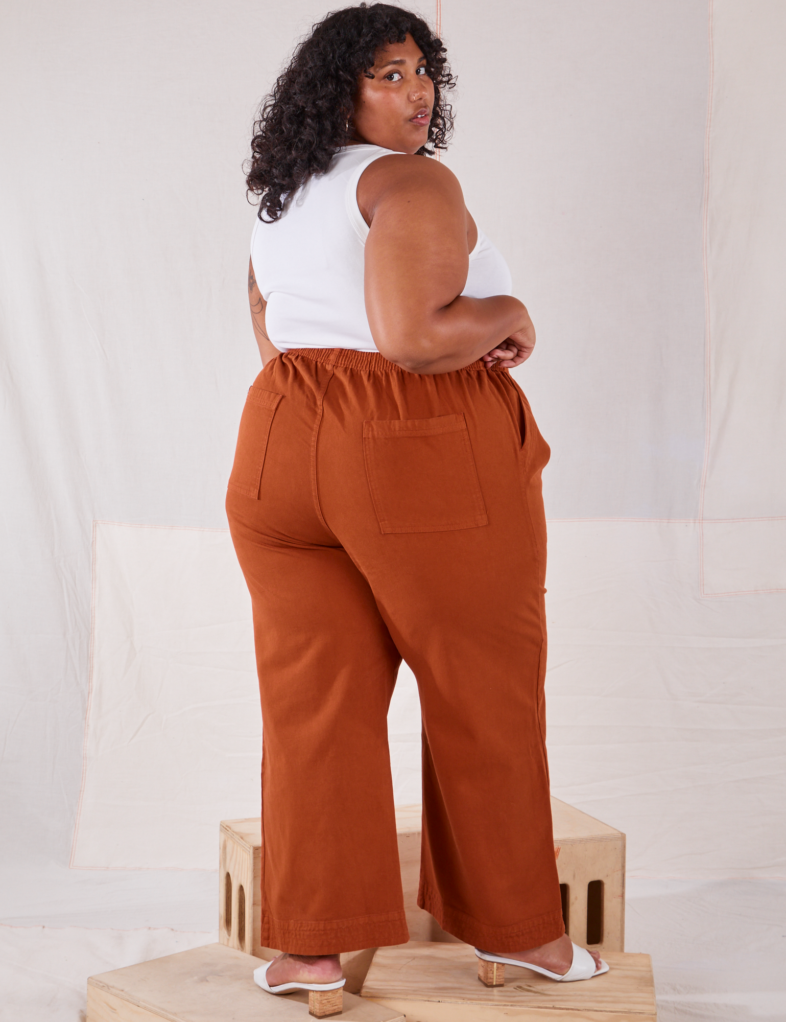 Angled back view of Action Pants in Burnt Terracotta and Cropped Tank in vintage tee off-white worn by Morgan