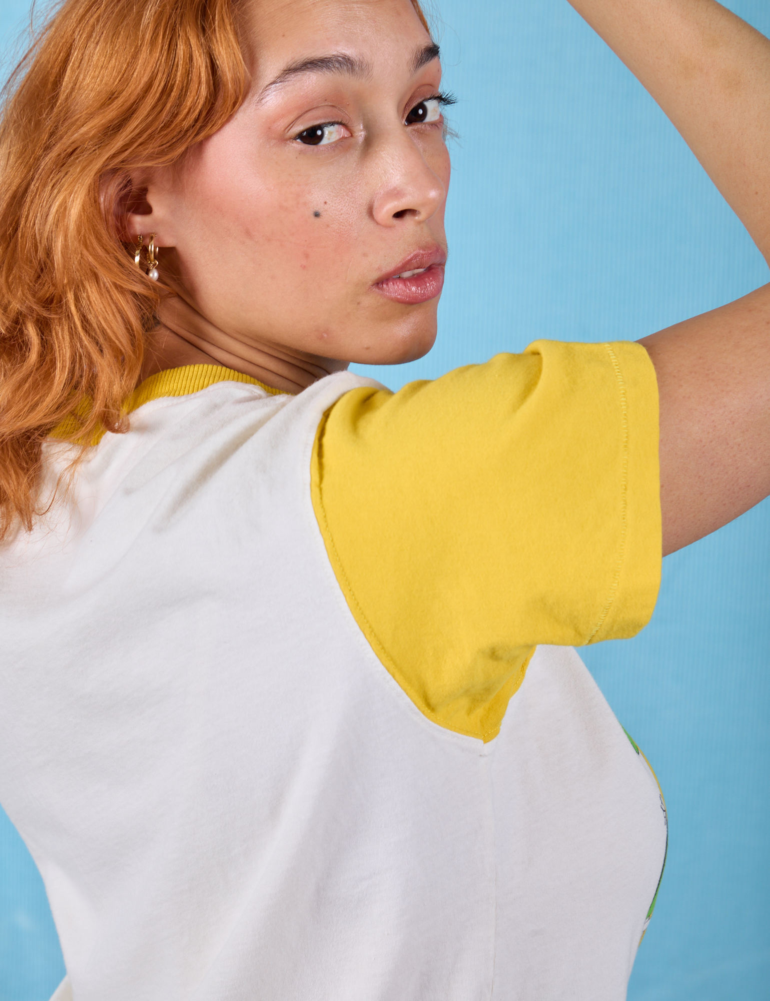Anniversary Tee in Lemon shoulder close up on Tiara