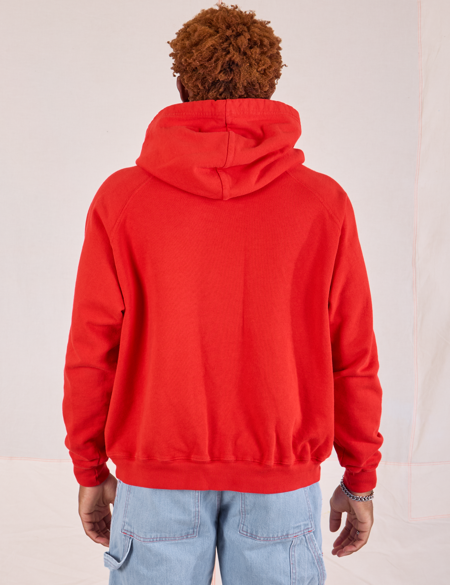 Collegiate Hoodie in Mustang Red back view on Issac