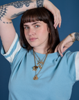 Painted Burly Tee in Baby Blue front close up on Sydney