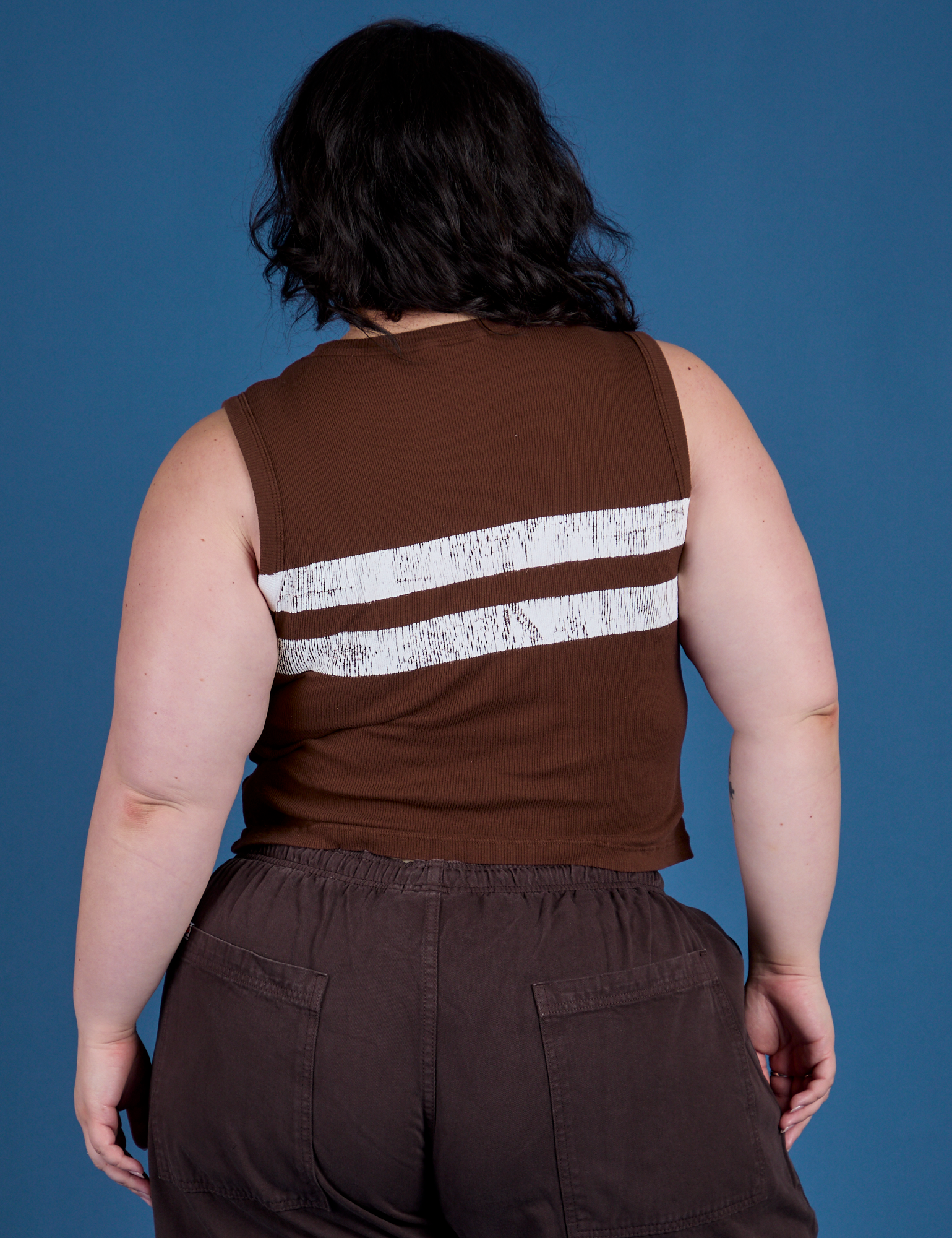 Painted Muscle Tee in Fudgesicle Brown back view on Ashley