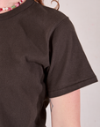 Burly Tee in Espresso Brown sleeve close up on Alex