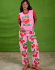 Kandia is wearing Vintage Tee in Big Red Cherry and paintstamped cherry work pants