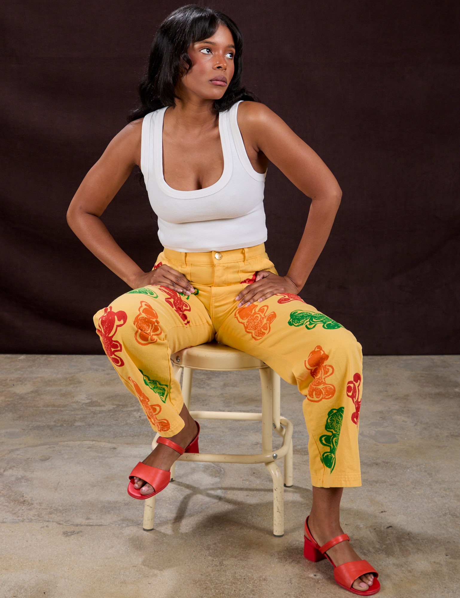 Gummy Bear Paintstamped Work Pants in Butter Yellow and Cropped Tank in Vintage Tee White on Kandia
