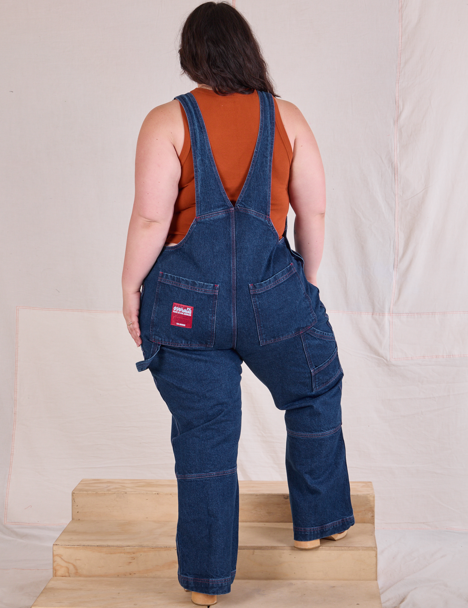 Carpenter Overalls in Dark Wash back view on Ashley