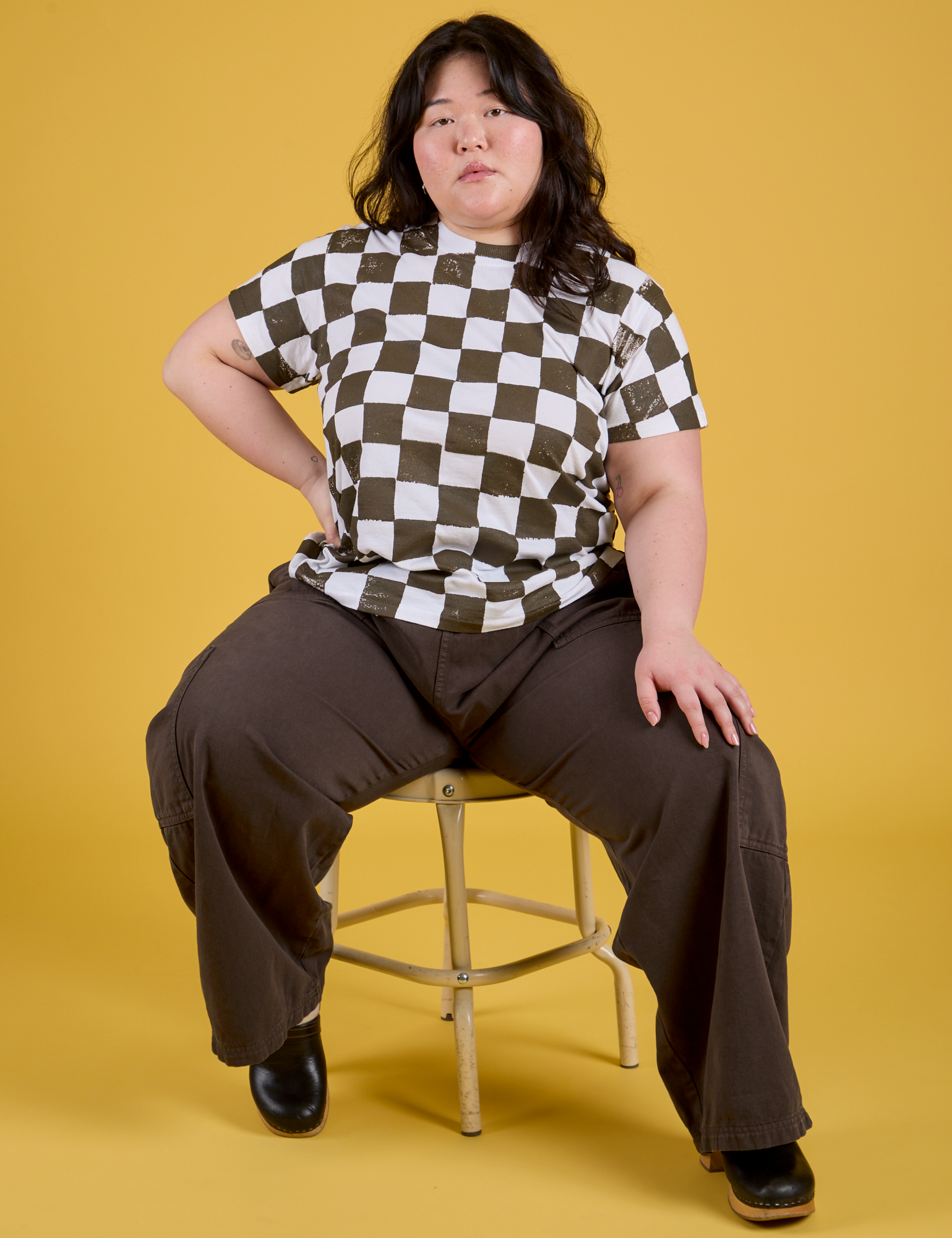 Checker Organic Tee in Espresso Brown and Drop Pocket Cargo Pants in Espresso Brown on Ashley