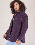 Angled front view of Corduroy Overshirt in Nebula Purple on Jesse