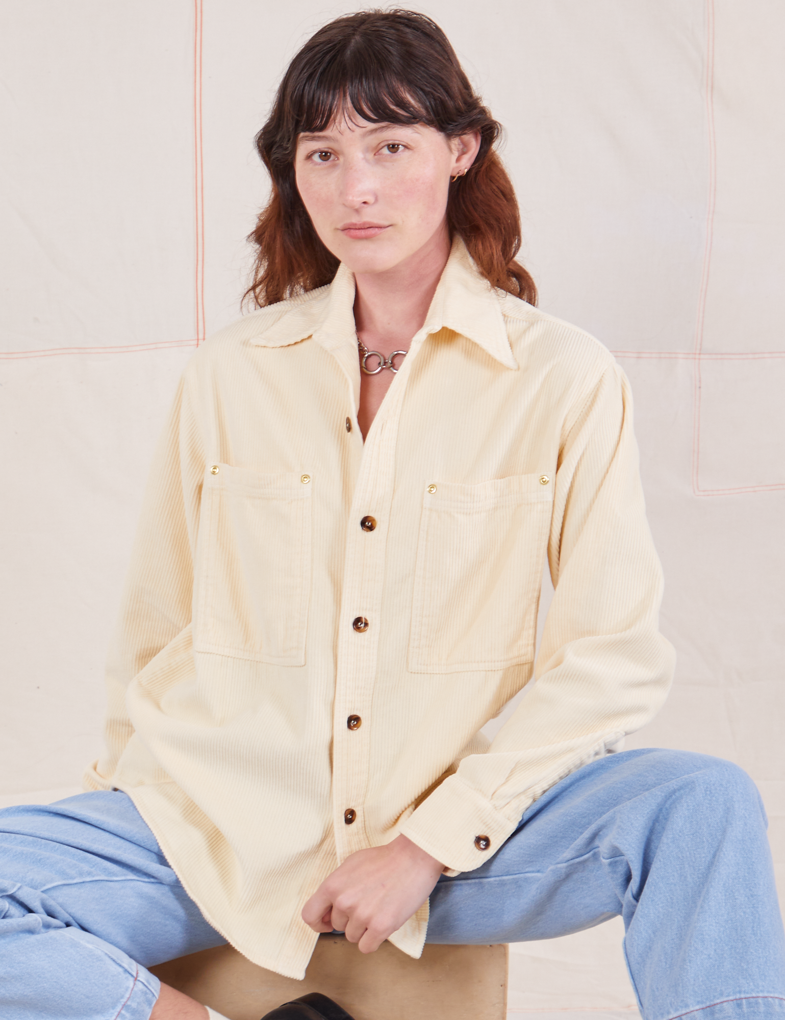 Alex is wearing Corduroy Overshirt in Vintage Off-White